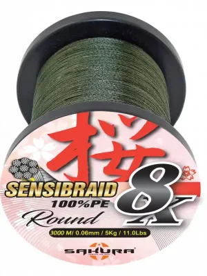 Autentický Sakura - SENSIBRAID 8 GREEN 3000 M - 0.15 mm / 11Kg / 24.2Lbs - Hlavní vlasec - Pletená šňůra